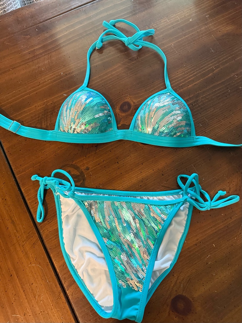 VENUS Turquoise Sequin Tie-Side Bikini Set - Women Swim